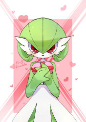 Rule 34 | 1girl, absurdres, artist name, blush, bob cut, border, box, colored skin, cowboy shot, creatures (company), female focus, game freak, gardevoir, gen 3 pokemon, gift, green hair, green skin, hair between eyes, hands up, heart, heart-shaped box, highres, holding, holding gift, ka ei volltis, looking at viewer, multicolored skin, nintendo, open mouth, outside border, own hands together, pink background, pokemon, pokemon (creature), red eyes, short hair, signature, solo, standing, straight-on, twitter username, two-tone skin, valentine, white border, white skin