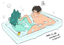 Rule 34 | 1boy, 1girl, animal ears, artist name, bathing, bathtub, body fur, brown hair, bubble, cat ears, cat girl, closed eyes, completely nude, dated, fang, full body, furry, furry female, green fur, green hair, knees up, long hair, mixed-sex bathing, nude, open mouth, original, rubber duck, scribble, shared bathing, simple background, sitting, soap bubbles, splashing, teko (tawake), twitter username, water, white background