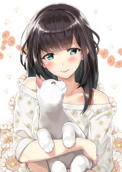 Rule 34 | 1girl, animal, bare shoulders, black hair, blush, cat, closed mouth, commentary request, floral background, floral print, green eyes, holding, holding animal, holding cat, kinugasa yuuichi, long hair, original, print shirt, shirt, smile, solo, upper body, white shirt