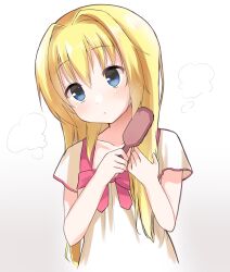 Rule 34 | 1girl, after bathing, blonde hair, blue eyes, blush, bow, brushing hair, casual, chitose sana, collarbone, commentary, eyelashes, hair between eyes, hair brush, hair down, hair intakes, hands up, highres, holding, holding hair brush, long hair, looking afar, parted lips, pink bow, shirt, short sleeves, simple background, solo, steam, straight hair, takepoison, tenshinranman, wet, wet hair, white background, white shirt