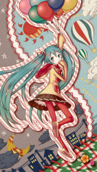 Rule 34 | 1girl, absurdres, aircraft, arm up, balloon, blush, bow, bowtie, brown footwear, brown skirt, building, buttons, cloud, covering own mouth, crescent moon, daisan oujo, from behind, from side, full body, green eyes, green hair, hair between eyes, hatsune miku, highres, holding, hood, hoodie, hot air balloon, loafers, long hair, looking back, moon, outline, pleated skirt, power lines, red bow, red bowtie, red legwear, shoes, skirt, sleeves past wrists, solo, star (symbol), stitches, sun, twintails, very long hair, vocaloid