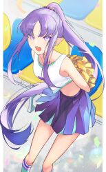 Rule 34 | 1girl, :d, arms behind back, bare arms, border, cheerleader, collarbone, commission, crop top, fate/grand order, fate (series), floating hair, highres, kneehighs, long hair, medea (lily) (fate), midriff, miniskirt, open mouth, pillarboxed, pleated skirt, pointy ears, ponytail, purple eyes, purple hair, purple skirt, shin&#039;ya (yukiura), skeb commission, skirt, smile, socks, solo, stomach, very long hair, white border