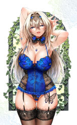 Rule 34 | 1girl, absurdres, blonde hair, blue eyes, breasts, bug, butterfly, earrings, flower, garter straps, hair between eyes, hair ornament, highres, insect, ivy, jewelry, large breasts, long hair, looking at viewer, necklace, open mouth, original, solo, teeth, tongue, upper teeth only, uzura kazuhisa