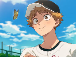 Rule 34 | 1boy, asada hachi, baseball cap, baseball jersey, blush, brown eyes, brown hair, bug, butterfly, day, hat, highres, insect, jersey, looking at viewer, male focus, mihashi ren, ookiku furikabutte, outdoors, smile, solo, upper body, yellow butterfly