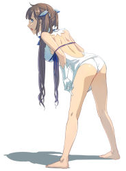 Rule 34 | 10s, 1girl, arm ribbon, ass, backless dress, backless outfit, bad id, bad pixiv id, bare back, bare shoulders, barefoot, blue eyes, bow, breasts, brown hair, chocofox, cleavage, cleavage cutout, clothes pull, clothing cutout, dress, dress pull, dungeon ni deai wo motomeru no wa machigatteiru darou ka, female focus, from behind, full body, gloves, hair ornament, hair ribbon, hestia (danmachi), highres, large breasts, long hair, looking at viewer, looking back, midriff, open mouth, panties, rei no himo, ribbon, short dress, simple background, sleeveless, sleeveless dress, solo, twintails, underwear, very long hair, white dress, white gloves, white panties