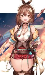 Rule 34 | 1girl, :d, atelier (series), atelier ryza, atelier ryza 3, azur lane, belt, black choker, black hairband, blurry, blurry background, boots, bottle, braid, breasts, brown belt, brown eyes, brown footwear, brown gloves, brown hair, brown vest, choker, cleavage, collarbone, cowboy shot, earrings, falling leaves, gloves, hair between eyes, hairband, highres, holding, holding staff, holster, jacket, jewelry, large breasts, leaf, looking at viewer, necklace, off shoulder, open mouth, red shorts, reisalin stout, shirt, short shorts, shorts, single earring, single glove, sleeveless, sleeveless shirt, smile, staff, star (symbol), star earrings, teeth, thick thighs, thigh boots, thigh gap, thigh holster, thighhighs, thighs, upper teeth only, vest, white headwear, white shirt, white thighhighs, yusha m