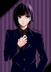 Rule 34 | 1boy, absurdres, androgynous, bad id, bad pixiv id, black eyes, black hair, black necktie, black shirt, blue jacket, character name, commentary request, highres, imai, jacket, long sleeves, looking to the side, male focus, medium hair, necktie, shirt, simple background, solo, tokyo ghoul, tokyo ghoul:re, ui koori, upper body