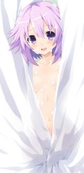Rule 34 | 1girl, :d, blush, breasts, collarbone, covering privates, covering breasts, covering crotch, foam, highres, iwashi dorobou -r-, looking at viewer, navel, neptune (neptunia), neptune (series), nude, open mouth, purple eyes, purple hair, short hair, small breasts, smile, solo