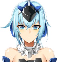 Rule 34 | 1girl, bare shoulders, blue eyes, blue hair, blush, breasts, cleavage, closed mouth, commentary request, detached collar, doko tetora, expressionless, eyes visible through hair, frame arms girl, gloves, hair between eyes, headgear, long hair, looking at viewer, mecha, mecha musume, robot, shiny skin, simple background, solo, stylet, twintails, upper body, white background