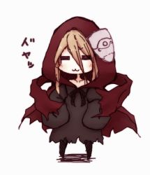 Rule 34 | 1girl, blonde hair, blush, cape, chibi, closed eyes, evileye (overlord), hair between eyes, hands on own hips, hood, itituki, long sleeves, lowres, mask, overlord (maruyama), simple background, sleeves past wrists, solo, translation request