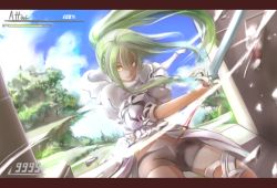 Rule 34 | 1girl, attack, breasts, fake screenshot, female focus, green hair, large breasts, letterboxed, long hair, midriff, original, ponytail, sachito, solo, stats, sumi-chan (sachito), sword, thighhighs, tree, weapon, yellow eyes