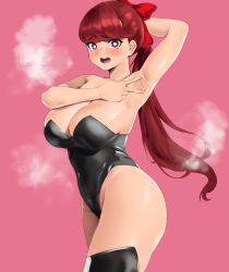 Rule 34 | 1girl, absurdres, alternate breast size, armpit crease, armpit focus, armpits, bare shoulders, black leotard, blush, bow, breasts, cleavage, collarbone, hair bow, hair ribbon, highres, large breasts, leotard, long hair, looking at viewer, persona, persona 5, persona 5 the royal, ponytail, presenting armpit, red eyes, red hair, ribbon, sleeveless, smile, solo, spread armpit, thighhighs, thighs, yoshizawa kasumi, yotamono