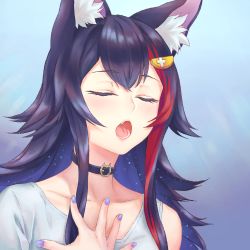 Rule 34 | 1girl, animal ear fluff, animal ears, black hair, blue background, choker, closed eyes, commentary, english commentary, fang, gradient background, highres, hololive, lei (shuanglei2), long hair, multicolored hair, nail polish, ookami mio, ookami mio (casual), open mouth, purple nails, red hair, solo, streaked hair, upper body, virtual youtuber, wolf ears