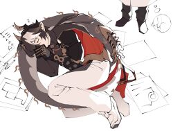 Rule 34 | 1boy, 1other, animal, arknights, armor, black cloak, black hair, brown hair, brown horns, cat, chong yue (arknights), cloak, closed eyes, doctor (arknights), dragon boy, dragon horns, dragon tail, earrings, full body, gauntlets, gradient hair, horns, jewelry, long hair, long tail, low ponytail, lying, multicolored hair, on side, out of frame, pants, paper, pauldrons, pointy ears, ranta000, red cloak, shoes, shoulder armor, sleeping, sneakers, standing, tail, thought bubble, two-sided cloak, two-sided fabric, white background, white footwear, white pants