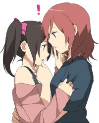 Rule 34 | !, 10s, 2girls, black hair, bow, chatubo, finger to mouth, grabbing another&#039;s chin, hair bow, hand on another&#039;s chin, hug, long hair, love live!, love live! school idol project, multiple girls, nishikino maki, off shoulder, open mouth, purple eyes, red eyes, red hair, shirt, shirt grab, short hair, t-shirt, twintails, yazawa nico, yuri