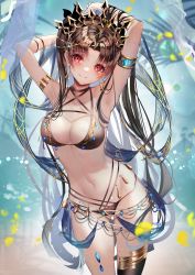Rule 34 | 1girl, absurdres, armlet, armpits, arms up, bikini, black bikini, black hair, black thighhighs, blush, breasts, chiachun0621, cleavage, closed mouth, collarbone, cowboy shot, earrings, fate/grand order, fate (series), gluteal fold, hands in hair, head-mounted display, head tilt, highres, ishtar (fate), jewelry, looking at viewer, medium breasts, navel, nervous smile, parted bangs, red eyes, single thighhigh, smile, solo, stomach, swimsuit, thighhighs, thighlet, tiara, two side up