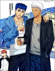 Rule 34 | 3boys, akujiki59, archer (fate), black coat, black pants, blue hair, blue jacket, blue pants, closed mouth, coat, collarbone, commentary request, cu chulainn (fate), cu chulainn (fate/stay night), cup, disposable cup, earrings, fate (series), fingernails, grey shirt, hand in pocket, hand on another&#039;s shoulder, holding, hood, hood down, hooded jacket, jacket, jewelry, male focus, multiple boys, official style, open clothes, open jacket, open mouth, pants, red eyes, red hair, shirt, spiked hair, teeth, tongue, upper teeth only, white hair, white shirt, zipper pull tab