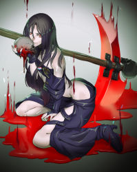 Rule 34 | androgynous, bare shoulders, black hair, blood, boots, gender request, guilty gear, guilty gear xx, long hair, nail polish, pale skin, red eyes, scythe, skull, testament (guilty gear), thigh strap, udakyo