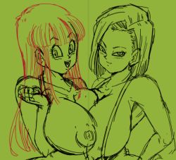 Rule 34 | 2girls, android 18, breast press, breasts, breasts out, dragon ball, dragonball z, long hair, looking at viewer, maron (dragon ball), monochrome, multiple girls, nipples, nude, rickert kai, sketch, slingshot swimsuit, smile, swimsuit, take your pick, upper body