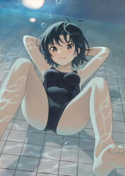 Rule 34 | amagami, antenna hair, armpits, arms behind head, barefoot, black hair, black one-piece swimsuit, blue one-piece swimsuit, blush, botan m, breasts, brown eyes, bubble, closed mouth, collarbone, commentary, commission, competition swimsuit, dutch angle, highres, light blush, light smile, looking at viewer, lying, nanasaki ai, on back, one-piece swimsuit, paid reward available, pool, relaxing, short hair, small breasts, smile, soles, spread legs, swimsuit, tile floor, tiles, toes, two-tone swimsuit, underwater, water