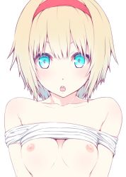 Rule 34 | 1girl, :o, alice margatroid, bare shoulders, blonde hair, blue eyes, breasts, breasts apart, clothes lift, collarbone, commentary request, hairband, looking at viewer, nipples, nirap, no bra, red hairband, shirt, shirt lift, simple background, small breasts, solo, touhou, upper body, white background, white shirt