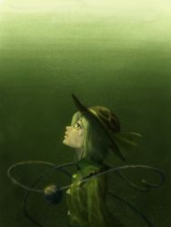 Rule 34 | 1girl, amino (tn7135), black hat, bubble, collared shirt, from side, gradient background, green background, green eyes, hat, hat ribbon, komeiji koishi, looking up, open mouth, ribbon, shadow, shirt, silver hair, solo, submerged, third eye, touhou, underwater, upper body, yellow ribbon, yellow shirt
