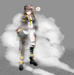 Rule 34 | 1girl, black footwear, black jacket, black panties, black skirt, black thighhighs, blush, boots, breasts, brown eyes, brown hair, closed mouth, clothes lift, full body, girls&#039; frontline, grey background, highres, jacket, long hair, looking at viewer, mechanical arms, necktie, one eye closed, open clothes, open jacket, paaam, panties, scar, scar across eye, scar on face, shirt, side ponytail, single mechanical arm, single thighhigh, skirt, skirt lift, small breasts, smile, smoke, solo, standing, thighhighs, ump45 (girls&#039; frontline), ump45 (mod3) (girls&#039; frontline), underwear, white shirt, yellow necktie