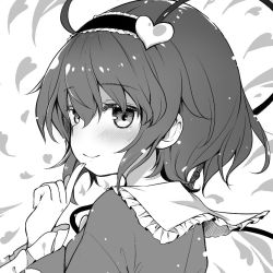 Rule 34 | 1girl, ahoge, blush, closed mouth, commentary request, finger to mouth, from side, greyscale, hair between eyes, hairband, heart, heart background, komeiji satori, long sleeves, looking at viewer, minamura haruki, monochrome, short hair, smile, solo, touhou, upper body