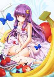 Rule 34 | 1girl, banana, bare arms, bare shoulders, blue bow, blunt bangs, book, bow, unworn bow, breasts, character doll, cherry, cleavage, cream, crescent, crescent hair ornament, drinking straw, food, fruit, grapes, hair bow, unworn hair bow, hair ornament, highres, koakuma, lingerie, long hair, medium breasts, navel, negligee, orange (fruit), oversized object, panties, patchouli knowledge, purple eyes, purple hair, purple panties, red bow, red hair, rin (ashleyy), solo, spaghetti strap, strap gap, strap slip, touhou, underwear, very long hair, water