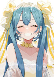 Rule 34 | 1girl, :3, ^ ^, absurdres, bare shoulders, blue hair, bow, closed eyes, collarbone, commentary, detached sleeves, eyebrows hidden by hair, eyelashes, closed eyes, facing viewer, flower, grin, hair bow, hatsune miku, highres, long hair, long sleeves, smile, solo, twintails, upper body, vocaloid, white background, yellow bow, yellow flower, yuu (higashi no penguin)