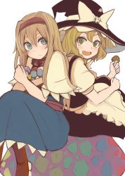 Rule 34 | 2girls, :d, alice margatroid, alternate hairstyle, apron, back-to-back, blue eyes, blush, boots, braid, capelet, dress, eyebrows, fang, green eyes, hairband, hat, kirisame marisa, long hair, multiple girls, mushroom, necro (nekurodayo), open mouth, puffy short sleeves, puffy sleeves, sash, scarf, short hair, short sleeves, single braid, sitting, skirt, skirt set, smile, thick eyebrows, touhou, vest, witch hat