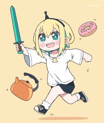 Rule 34 | 1girl, amano pikamee, black hairband, blonde hair, minecraft sword, doughnut, food, hairband, highres, kettle, kukie-nyan, minecraft, open mouth, running, sharp teeth, shirt, simple background, smile, solo, sword, teeth, virtual youtuber, voms, weapon, white shirt, yellow background