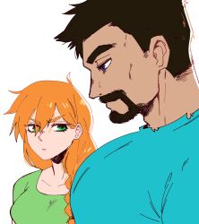 Rule 34 | 1boy, 1girl, absurdres, alex (minecraft), bara, blue eyes, blue shirt, breast envy, breasts, brown hair, facial hair, from side, frown, goatee, green shirt, highres, large pectorals, long hair, looking at pectorals, mature male, medium breasts, meme, minecraft, muscular, muscular male, mustache, girl staring at guys chest (meme), pectoral focus, pectorals, shirt, short hair, sideburns, steve (minecraft), thick eyebrows, void dot exe