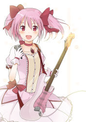 Rule 34 | 1girl, bow, bubble skirt, choker, commentary request, electric guitar, gloves, guitar, hair bow, highres, holding, holding instrument, instrument, kaname madoka, magical girl, mahou shoujo madoka magica, mahou shoujo madoka magica (anime), mizucchi, open mouth, pink hair, red bow, red choker, red eyes, skirt, smile, solo, soul gem, twintails, white gloves