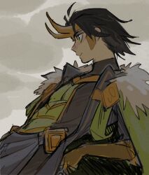 Rule 34 | 1boy, ahoge, animification, black hair, black shirt, cape, closed mouth, commentary request, fake horns, fur-trimmed cape, fur trim, green cape, green eyes, green vest, grey background, hand on own hip, highres, hikari toriumi, horns, loki (marvel), long sleeves, looking to the side, male focus, marvel, pelvic curtain, shirt, short hair, simple background, smile, solo, standing, vest