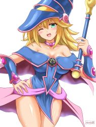 Rule 34 | 1girl, artist name, bare shoulders, blonde hair, blush, breasts, cleavage, collarbone, dark magician girl, green eyes, hand on own hip, highres, large breasts, looking at viewer, one eye closed, open mouth, shetake, smile, solo, teeth, thighs, upper teeth only, yu-gi-oh!