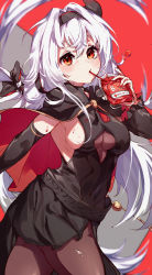 Rule 34 | 1girl, black dress, black legwear, blood, breasts, cymlim, dress, drinking straw, drinking straw in mouth, elbow gloves, gloves, guardian tales, hairband, half vampire priscilla, highres, horns, looking at viewer, medium breasts, red background, red eyes, sideboob, single horn, standing, white hair