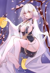 Rule 34 | absurdres, artist name, azur lane, blush, braid, braided bangs, breast curtains, breasts, dress, elbow gloves, english text, feet, flower, french braid, gloves, hair flower, hair ornament, high heels, highres, kulayueyue, large breasts, looking at viewer, medium hair, no bra, no shoes, official alternate costume, open mouth, petals, pumps, red eyes, shoes, silver hair, simple background, single shoe, sirius (azur lane), sirius (azure horizons) (azur lane), sitting, soles, solo, thigh strap, thighhighs, white gloves, white thighhighs