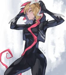 Rule 34 | 1girl, adjusting hood, animification, black bodysuit, blonde hair, bodysuit, breasts, corruption, cropped jacket, dark persona, gwen stacy, hood, hooded bodysuit, looking at viewer, marvel, medium breasts, medium hair, parted lips, solo, spider-gwen, spider-man (series), sushi pizza rrr, symbiote, thighs, tight clothes, white background, white hood, yellow eyes
