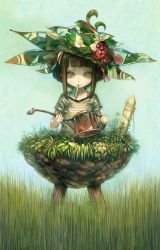 Rule 34 | 1girl, brown hair, empty eyes, flower, grass, hat, mouth hold, original, plant, plant girl, soil, solo, torikawa, watering can, what