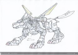 Rule 34 | 1boy, android, armor, artist request, character sheet, claws, digimon, digimon (creature), digimon adventure tri., full armor, highres, mechanical wings, metalgarurumon, missile, monochrome, monster, no humans, official art, serious, simple background, solo, standing, tail, translation request, weapon, white background, wings