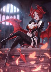 Rule 34 | 1girl, blackball, boots, breasts, crossed legs, demon girl, demon horns, demon tail, demon wings, detached collar, elbow gloves, embers, epis, gloves, high heels, horns, indoors, king&#039;s raid, large breasts, licking, licking finger, looking at viewer, pale skin, red eyes, red hair, short hair, sitting, solo, tail, thigh boots, wings