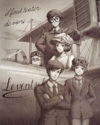 Rule 34 | 2girls, 3boys, :d, aircraft, airplane, arms behind back, aviator cap, aviator sunglasses, brown theme, buttons, closed mouth, cockpit, collared shirt, commentary request, crossed arms, dress, flat cap, flower, french text, glasses, grin, hand on own hip, hat, hat flower, hatching (texture), honjou kirou, horikoshi jirou, horikoshi kayo, jacket, kaze tachinu, kurokawa (kaze tachinu), lapels, linear hatching, long sleeves, looking at viewer, mike (mee627mee), monochrome, multiple boys, multiple girls, necktie, open cockpit, open mouth, round eyewear, satomi naoko, serious, shirt, short hair, smile, split mouth, sunglasses, translated, waistcoat