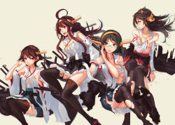 Rule 34 | 10s, 4girls, ahoge, bare shoulders, black hair, boots, breasts, brown hair, covering privates, covering breasts, detached sleeves, double bun, glasses, hairband, haruna (kancolle), headgear, hiei (kancolle), japanese clothes, kantai collection, kirishima (kancolle), kongou (kancolle), large breasts, long hair, multiple girls, no legwear, nontraditional miko, open clothes, short hair, softmode, thigh boots, thighhighs, torn clothes, torn legwear