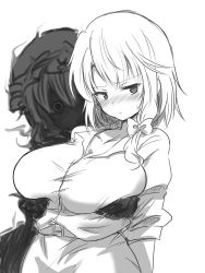 Rule 34 | 2girls, belt, blush, bow, braid, grabbing another&#039;s breast, breasts, cleavage, closed mouth, collar, collarbone, collared shirt, commentary request, cowboy shot, dress shirt, efukei, evil eyes, evil grin, evil smile, grabbing, grabbing from behind, greyscale, grin, hair bow, hat, highres, huge breasts, long sleeves, looking at viewer, maribel hearn, mob cap, monochrome, multiple girls, shirt, short hair, single braid, skirt, sleeve cuffs, sleeves rolled up, smile, touhou, unbuttoned, unbuttoned shirt, usami renko
