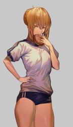 Rule 34 | 1girl, artoria pendragon (fate), blonde hair, blue buruma, buruma, fate/grand order, fate (series), food, grey background, gyudong123, burger, hand on own hip, highres, looking at viewer, saber alter, shirt, short hair, short sleeves, simple background, solo, thighs, yellow eyes
