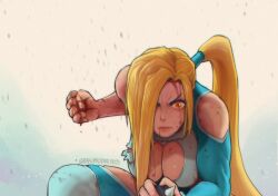 Rule 34 | 1girl, blonde hair, blood, breasts, capcom, cleavage, cleavage cutout, clothing cutout, heart cutout, large breasts, long hair, ponytail, rainbow mika, solo, street fighter, wrestling outfit, yellow eyes