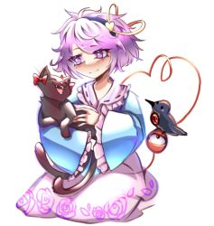 Rule 34 | 1girl, animal, bird, black cat, blue jacket, bow, cat, closed eyes, crow, family, fang, floral print, holding, holding animal, holding cat, hug, jacket, kaenbyou rin, kaenbyou rin (cat), komeiji satori, luo qiangwei, multiple tails, open mouth, petting, pink eyes, pink hair, pink skirt, red bow, red eyes, reiuji utsuho, reiuji utsuho (bird), short hair, simple background, skirt, slit pupils, smile, tail, third eye, touhou, two tails, whiskers, white background