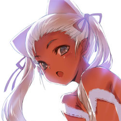 Rule 34 | 1girl, animal ears, bare shoulders, blush, cat ears, dark-skinned female, dark skin, hair ribbon, hair slicked back, kawata hisashi, looking at viewer, open mouth, original, portrait, ribbon, simple background, solo, twintails, upper body, white background, white hair