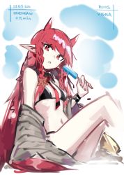 Rule 34 | 1girl, :o, arknights, bare shoulders, bikini, black bikini, deel (rkeg), detached collar, food, grey jacket, highres, holding, horns, jacket, long hair, looking at viewer, navel, off shoulder, official alternate costume, one-hour drawing challenge, parted lips, pointy ears, popsicle, red eyes, red hair, sidelocks, sitting, solo, string bikini, swimsuit, thighs, very long hair, vigna (arknights), vigna (casual vacation) (arknights)